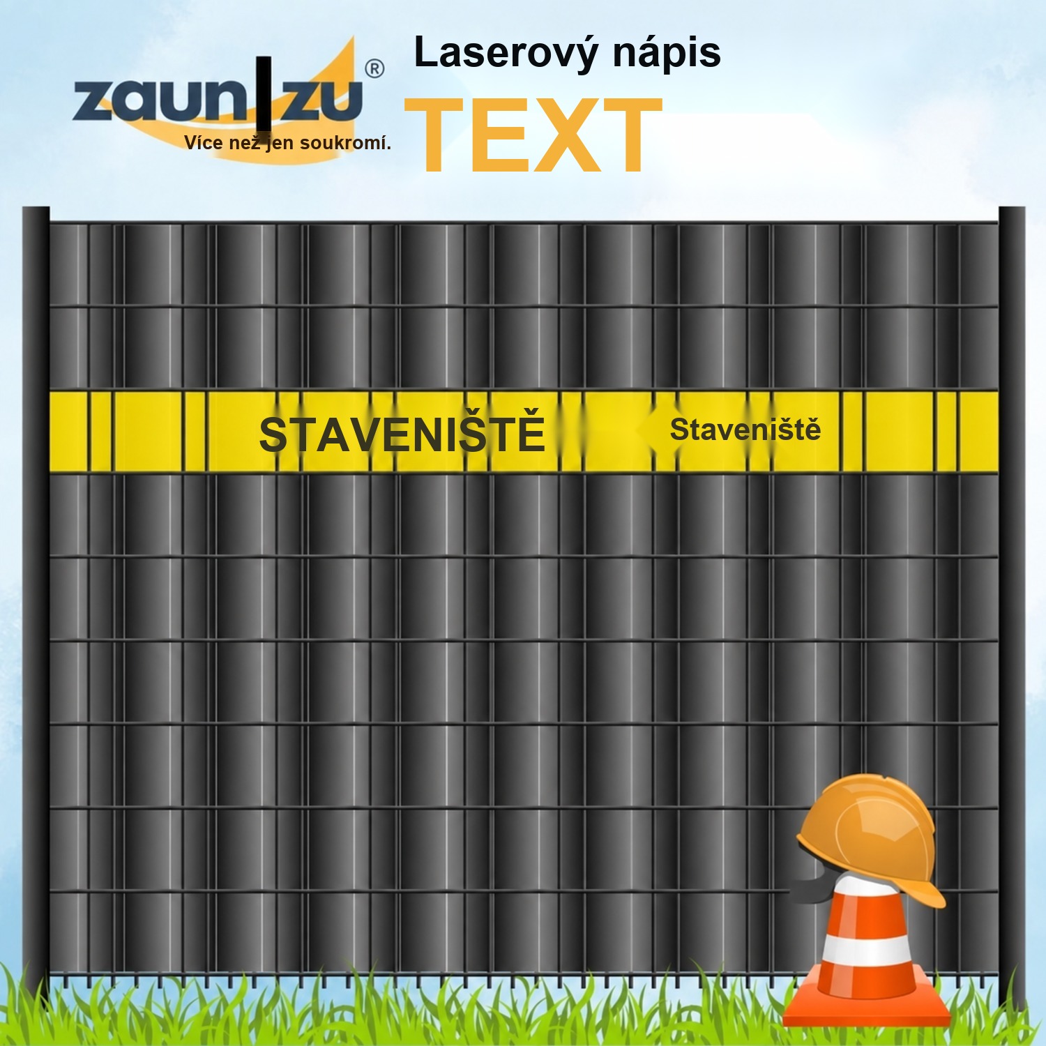 Stínicí pás s laserovým nápisem pro staveniště – označení plotu