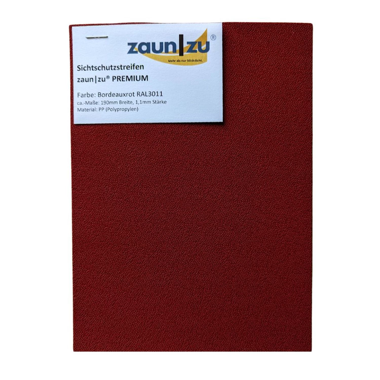 Sichtschutzstreifen zaun|zu PREMIUM Muster zum Ausprobieren vor dem Kauf – 14,0 cm, Bordeauxrot (RAL 3011)