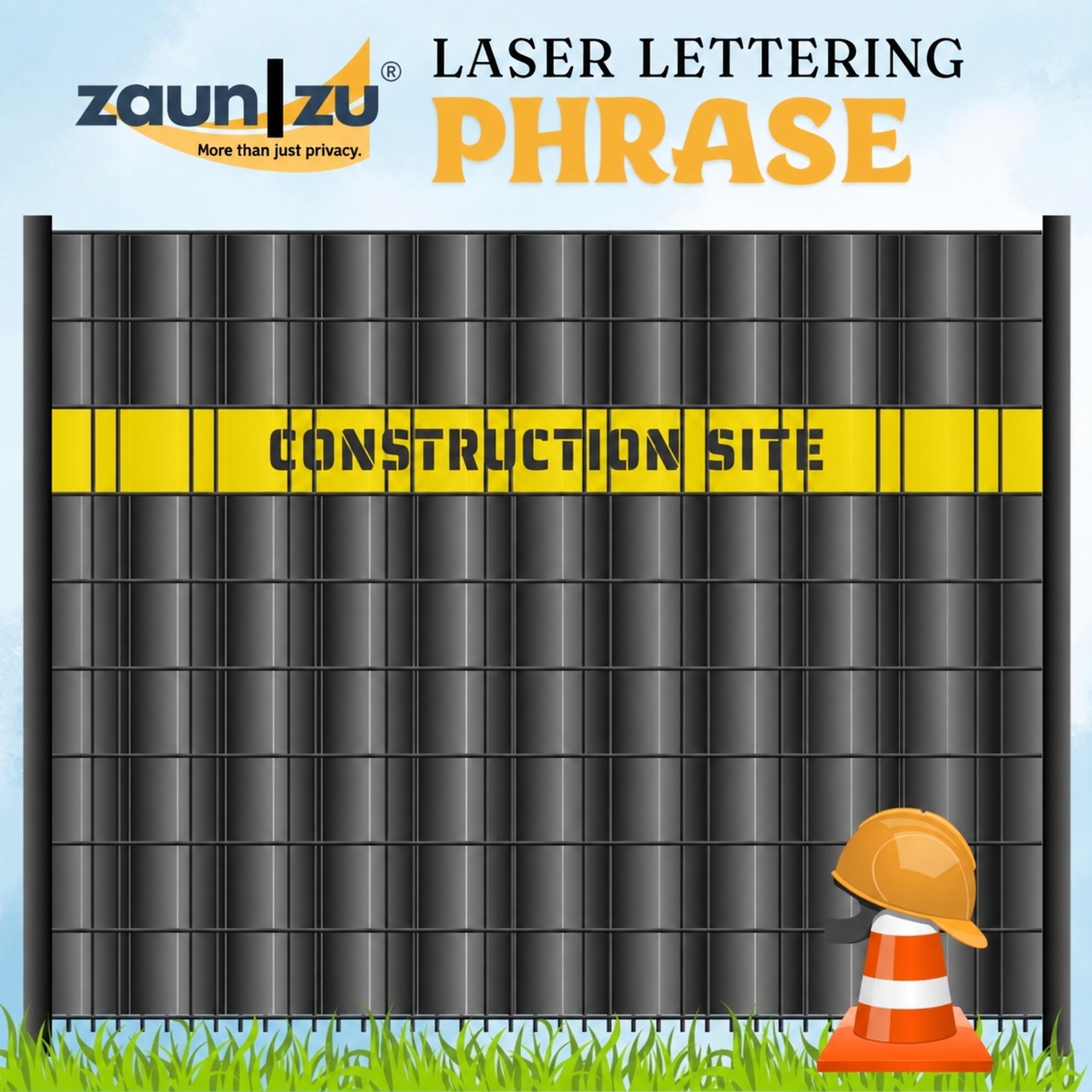 Privacy screen strips with laser-cut lettering for construction sites – fence marking and inscription