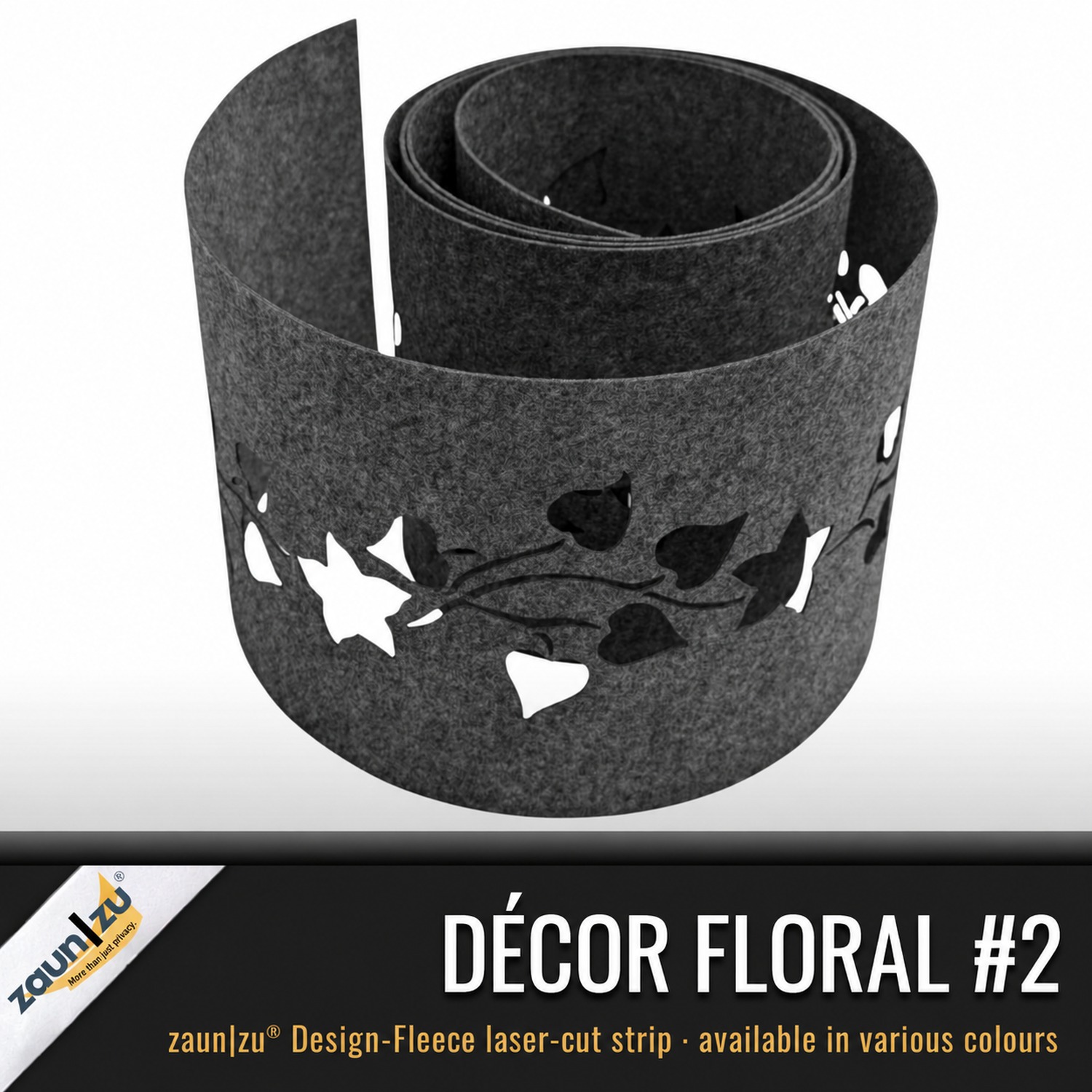 zaun|zu Design Nonwoven Decor Floral #2: privacy strip with laser pattern for twin-wire mesh fence – View 2