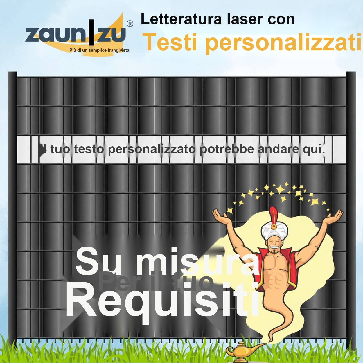 strisce dello schermatura frangivista con la scritta laser-cut: CUSTOM TEXT