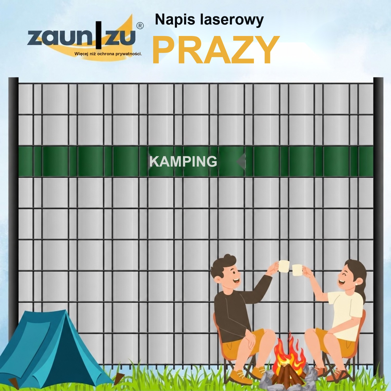 Taśma ogrodzeniowa z napisem laserowym – KEMPING – różne napisy do wyboru